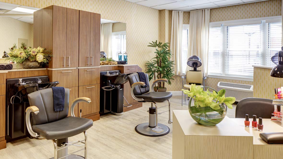 A modern hair salon interior with styling chairs and mirrors, featuring sleek wooden cabinets and decorative plants.