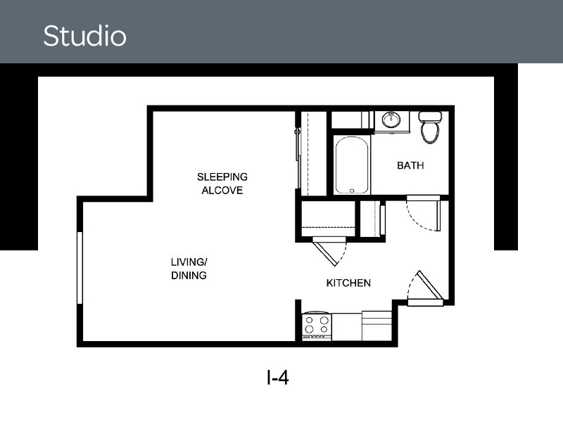 A floor plan of a studio apartment featuring a sleeping alcove, living area, kitchen, and bathroom.