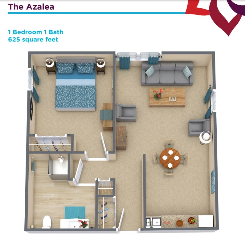 The Azalea floor plan features a 1 bedroom, 1 bathroom apartment layout with a compact and efficient design.