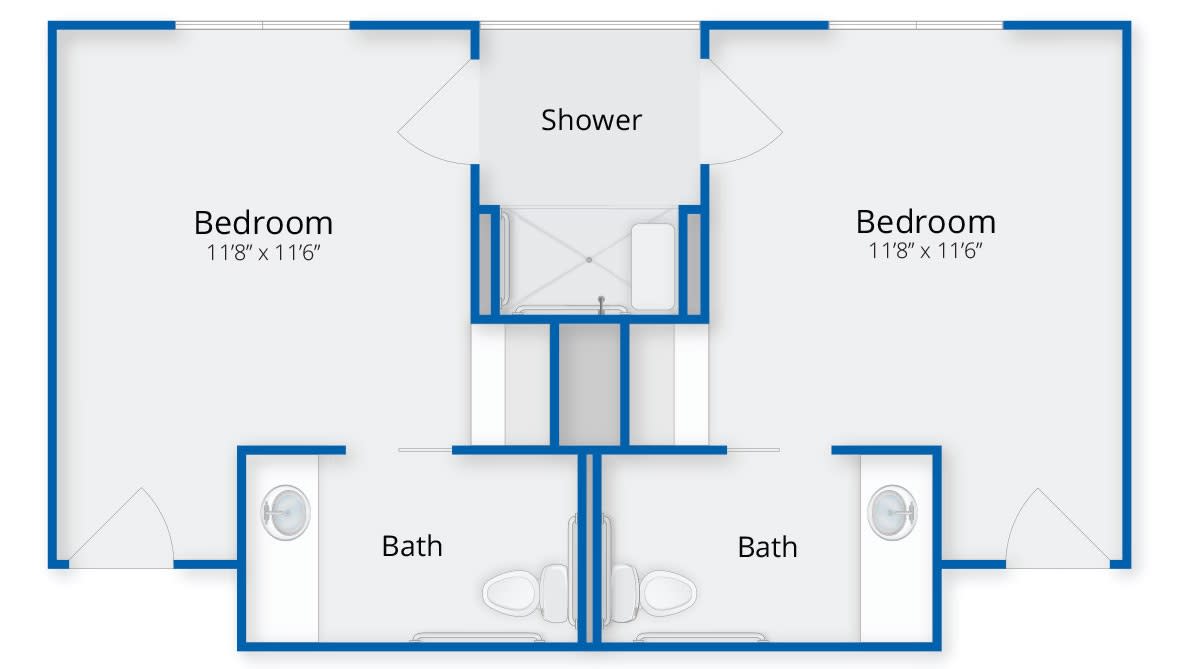 A simple floor plan showing two bedrooms, each with an adjoining bathroom and a shared shower area.
