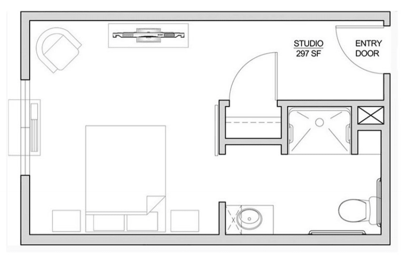 A floor plan of a studio apartment featuring essential living spaces.