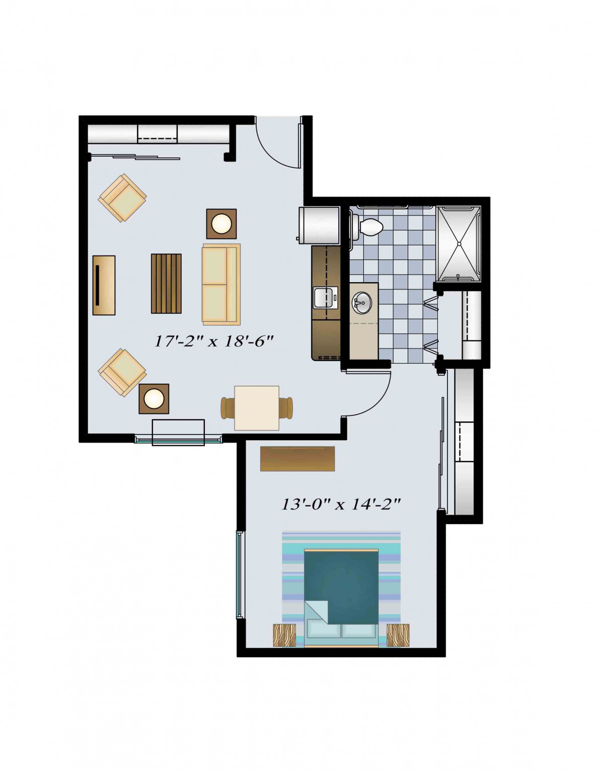 A floor plan showing the layout of an apartment with a living room, kitchen, bedroom, and bathroom.
