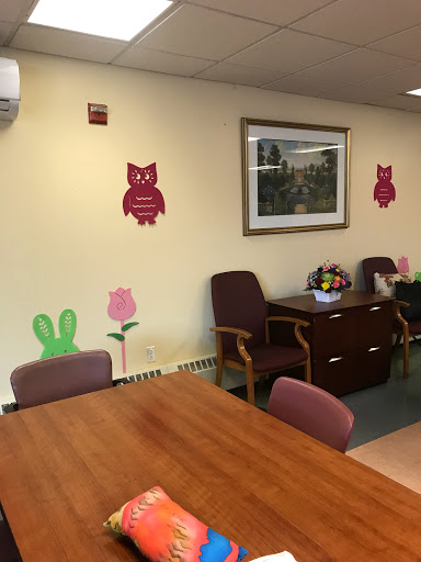 A cozy dining area featuring playful wall decorations of owls, flowers, and greenery.