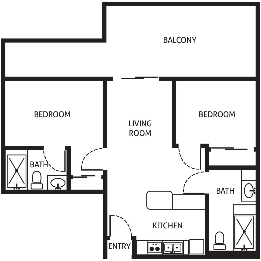 Two-bedroom apartment floor plan with living room, kitchen, two bathrooms, and a balcony.