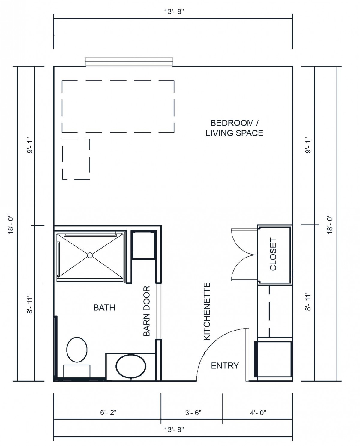 Floor plan of a studio apartment with designated areas for living, sleeping, and bathroom.