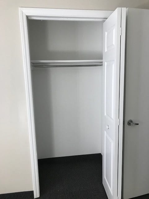 An empty closet with a white door and a hanging rod.