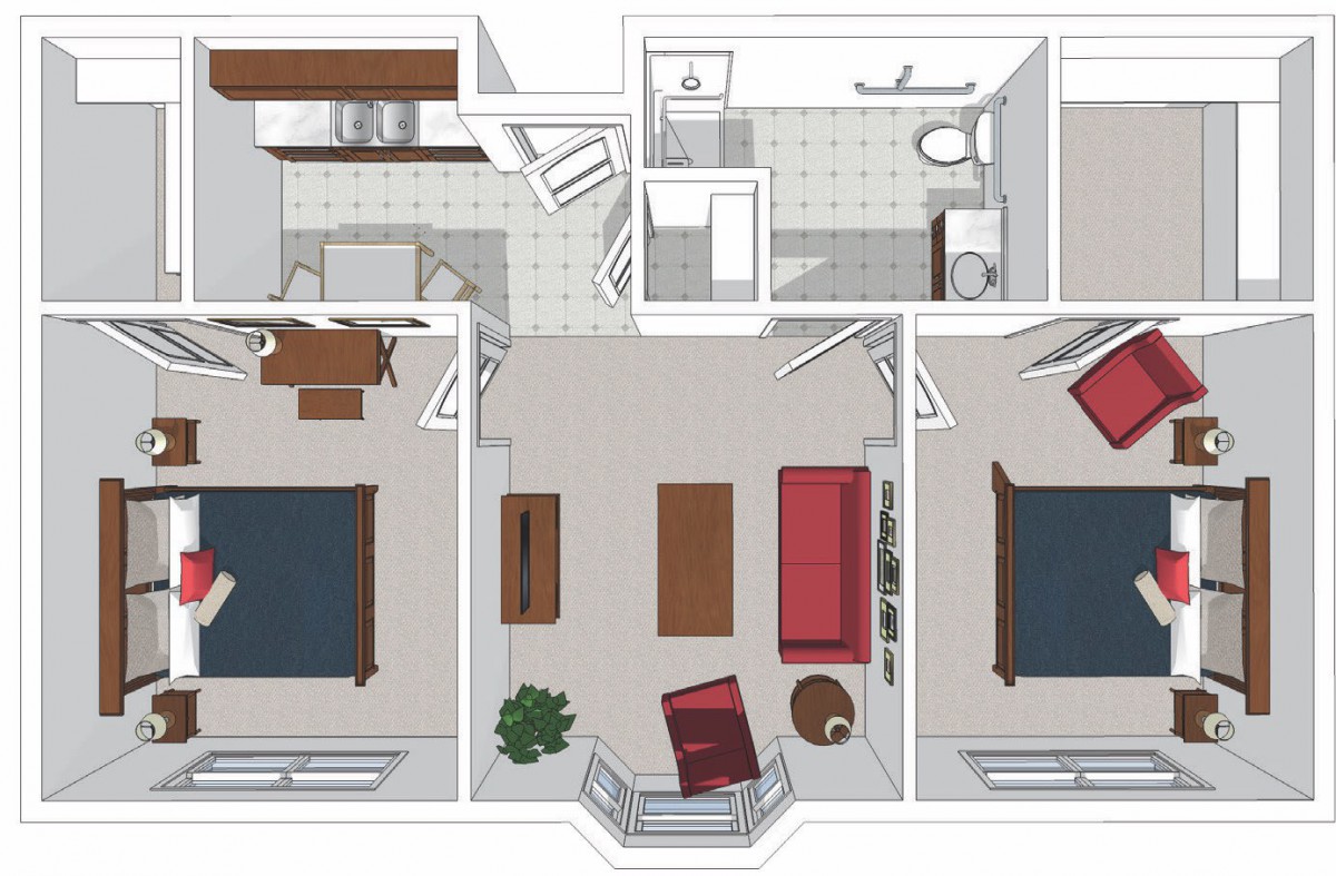 A floor plan of a two-bedroom apartment with a living room, kitchen, and bathroom.