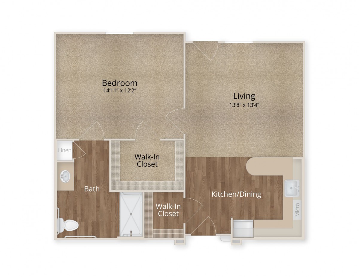 A floor plan of an apartment featuring one bedroom, a living room, and a walk-in closet.
