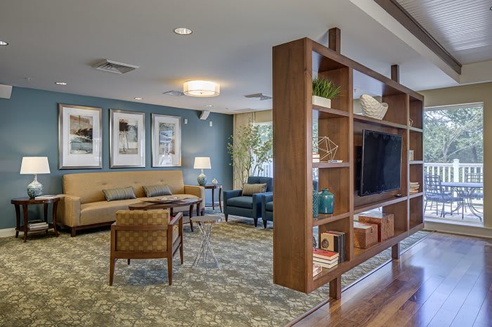 A modern living room with stylish furniture and a large shelving unit featuring a TV.