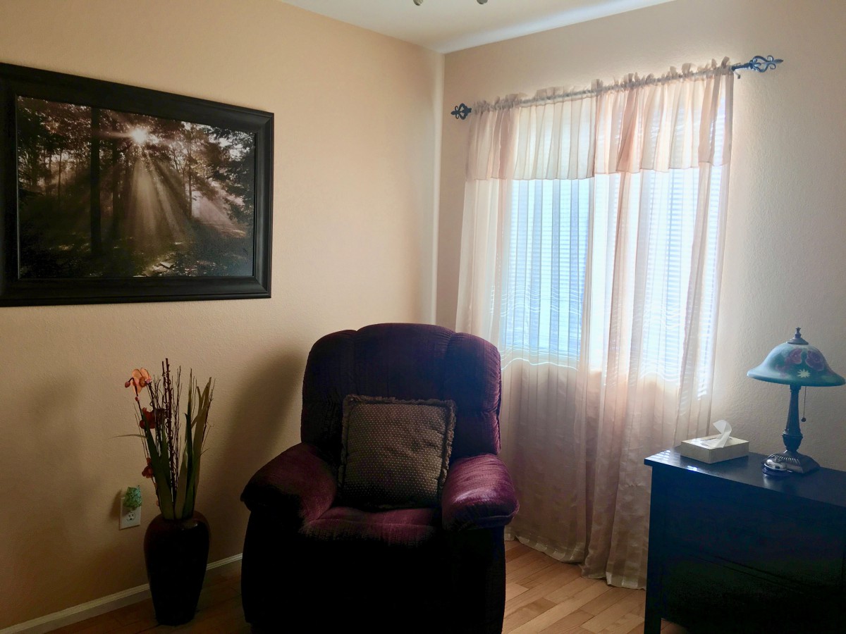 A cozy living room corner with a plush armchair, soft curtains, and wall art.