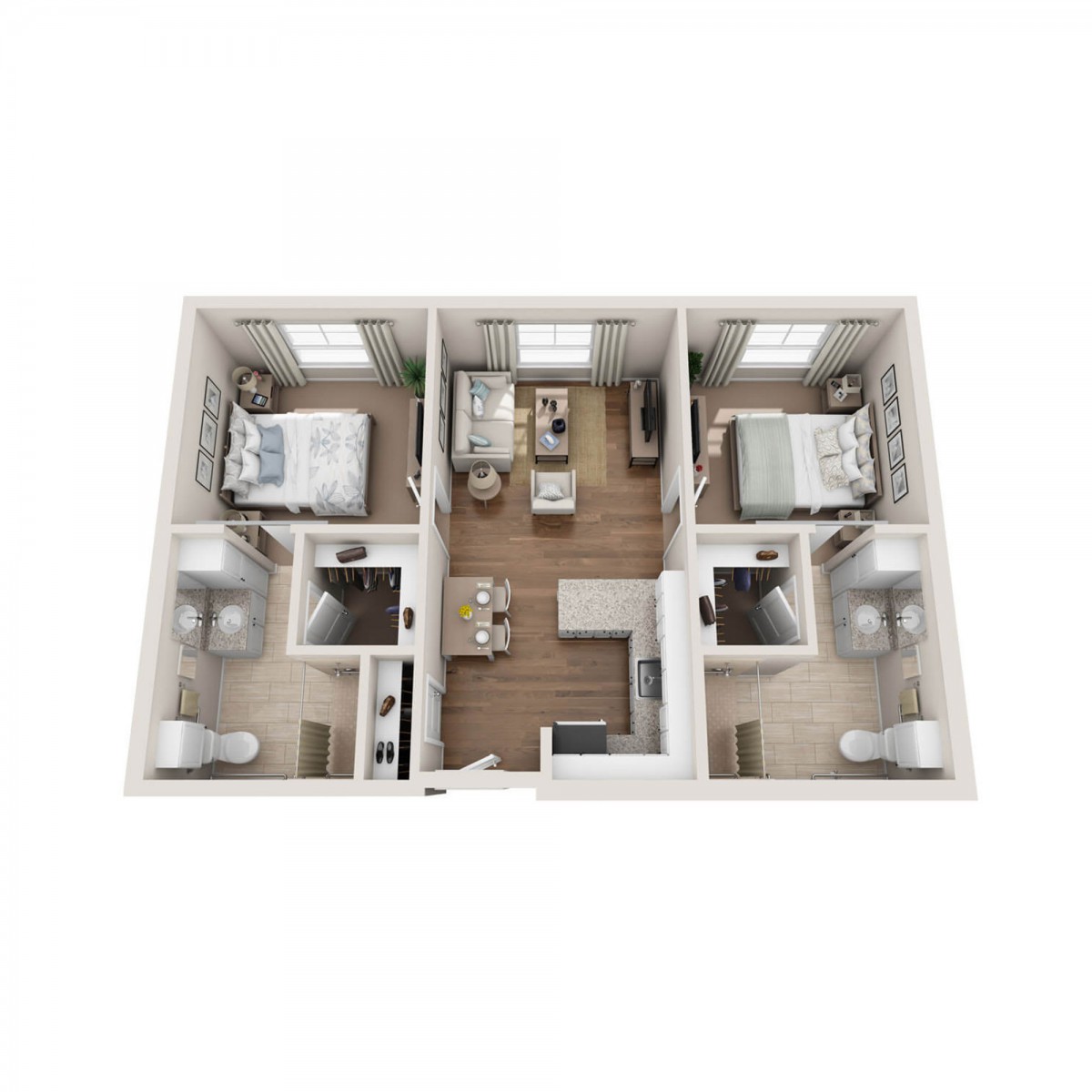 A 3D floor plan of a modern apartment featuring two bedrooms, bathrooms, and an open living area.