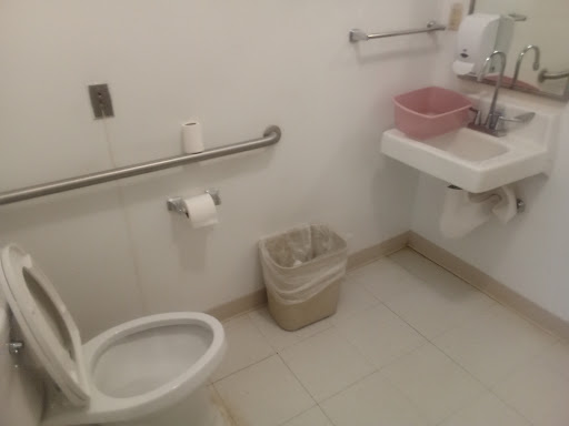 A clean and accessible bathroom featuring a toilet, sink, and necessary support bars.