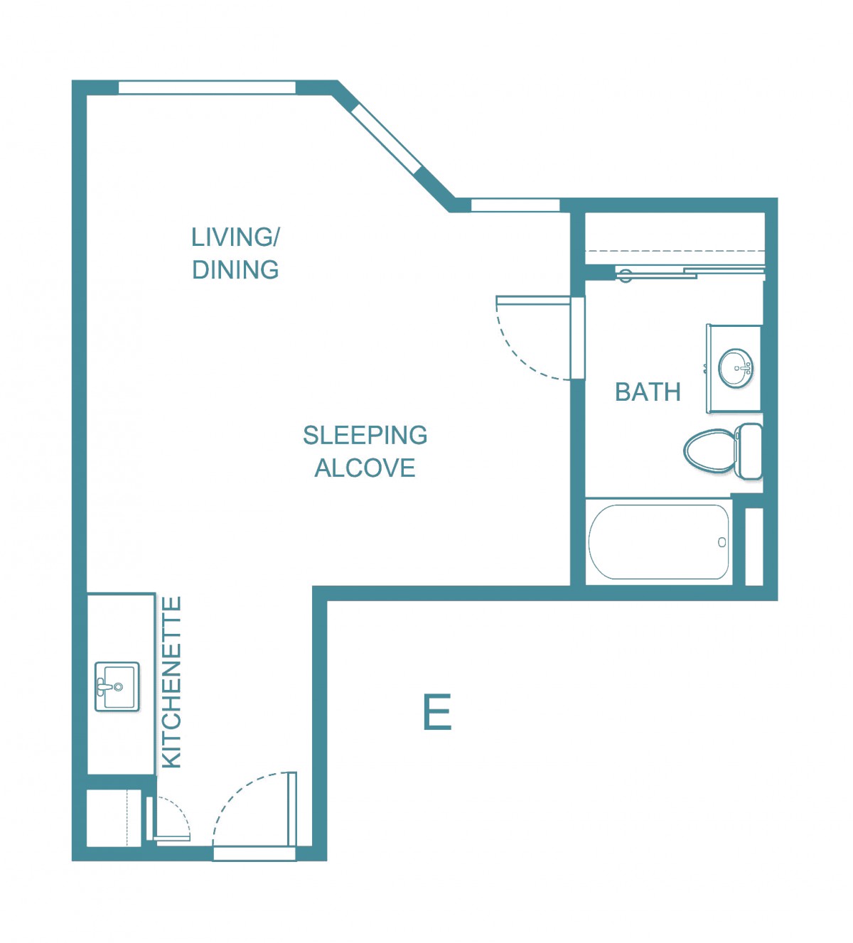 A studio apartment floor plan with a sleeping alcove, living/dining area, and a bathroom.