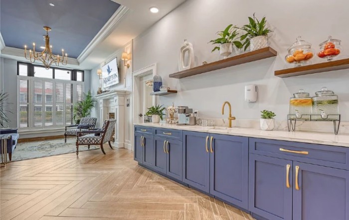 A modern kitchen with blue cabinets and wooden shelves, featuring plants and a chevron-patterned floor.