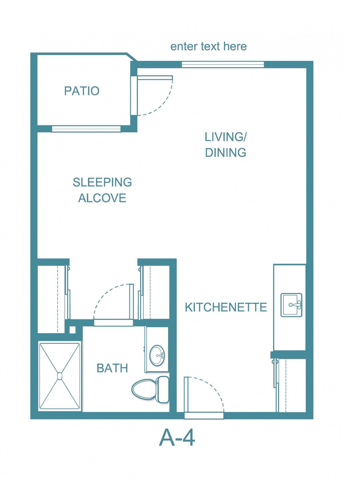 Studio apartment floor plan with living/dining area, sleeping alcove, kitchenette, bath, and patio.