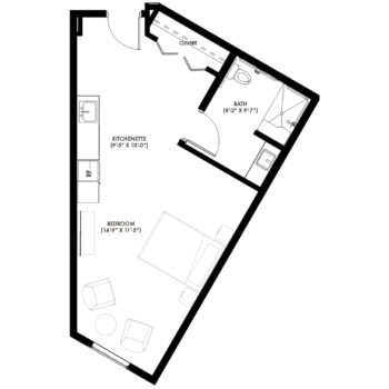 Studio apartment floor plan with an open living and sleeping area, kitchen, and bathroom.