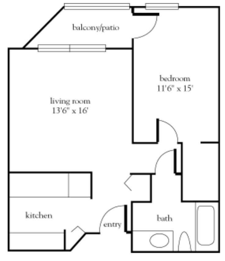 A floor plan of a one-bedroom apartment featuring a living room, kitchen, bathroom, and balcony/patio.