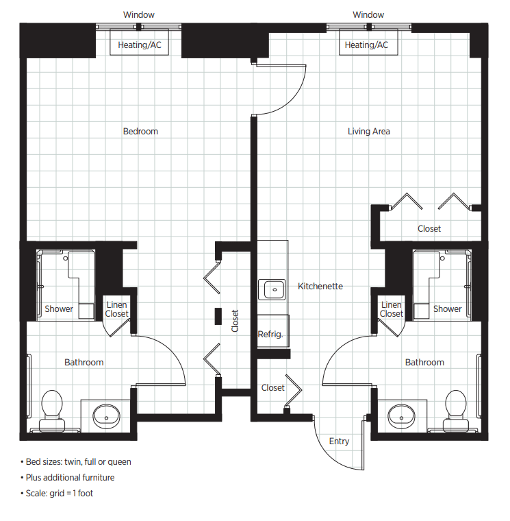 A floor plan showing the layout of a two-bedroom apartment, including living areas, bathrooms, and kitchen.