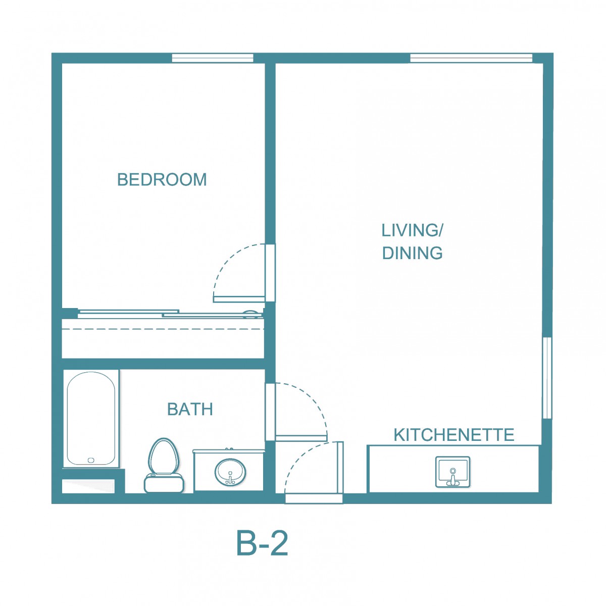 A floor plan showing a compact apartment layout with a bedroom, living/dining area, kitchenette, and bathroom.