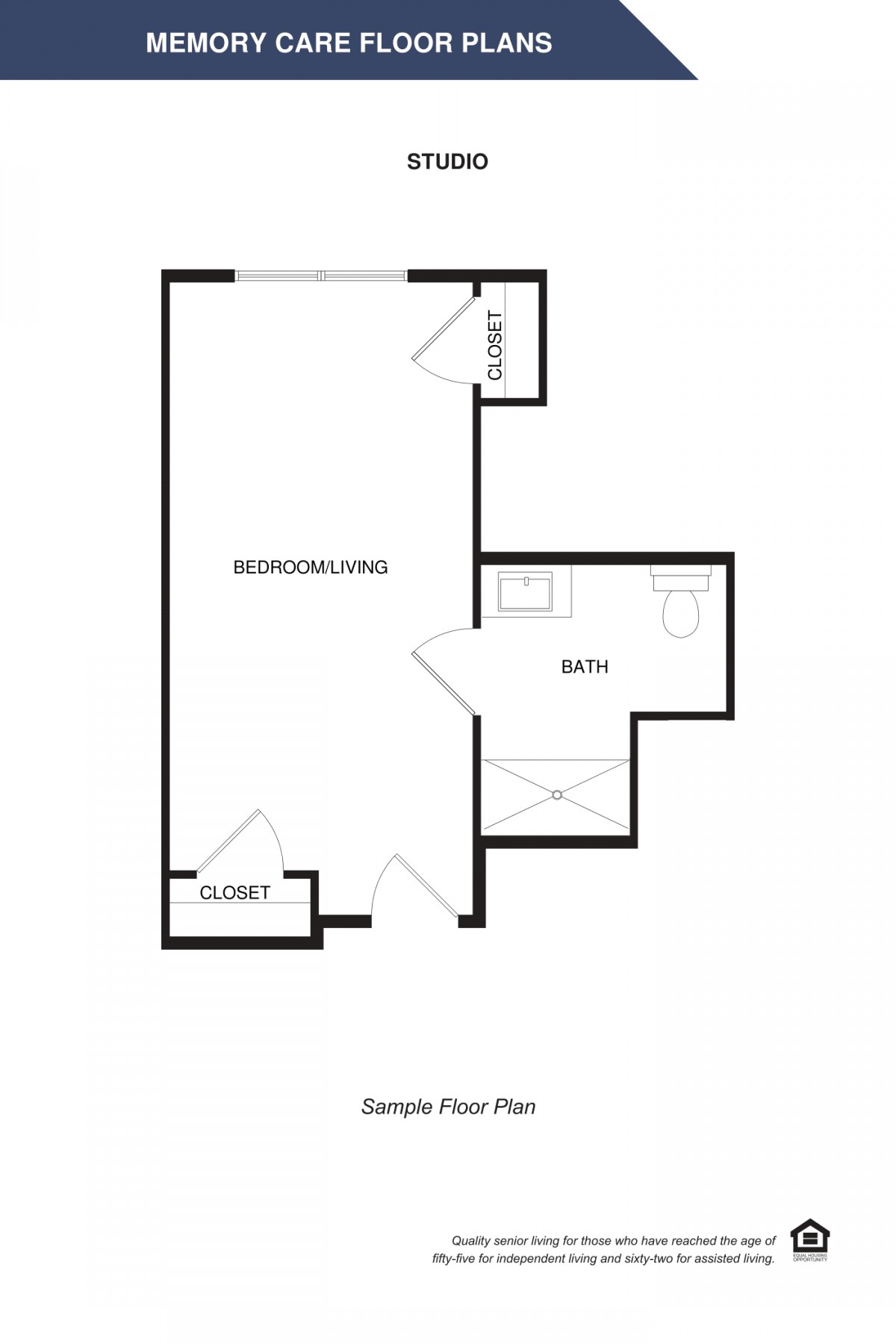 A simple studio apartment floor plan featuring a main living area, a bathroom, and a closet.
