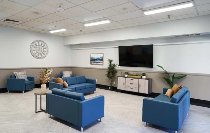 A modern lounge area featuring blue sofas, a large wall-mounted television, and indoor plants.