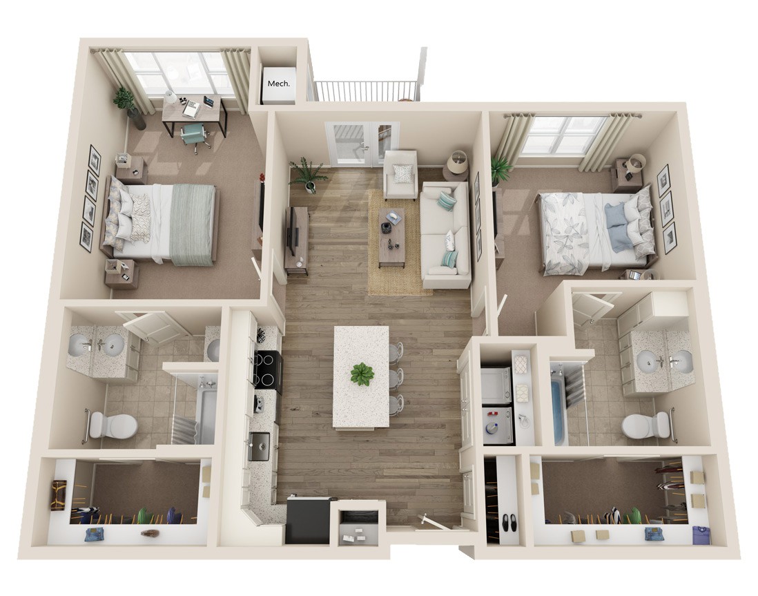 3D floor plan of a modern apartment layout featuring multiple rooms and open living space.