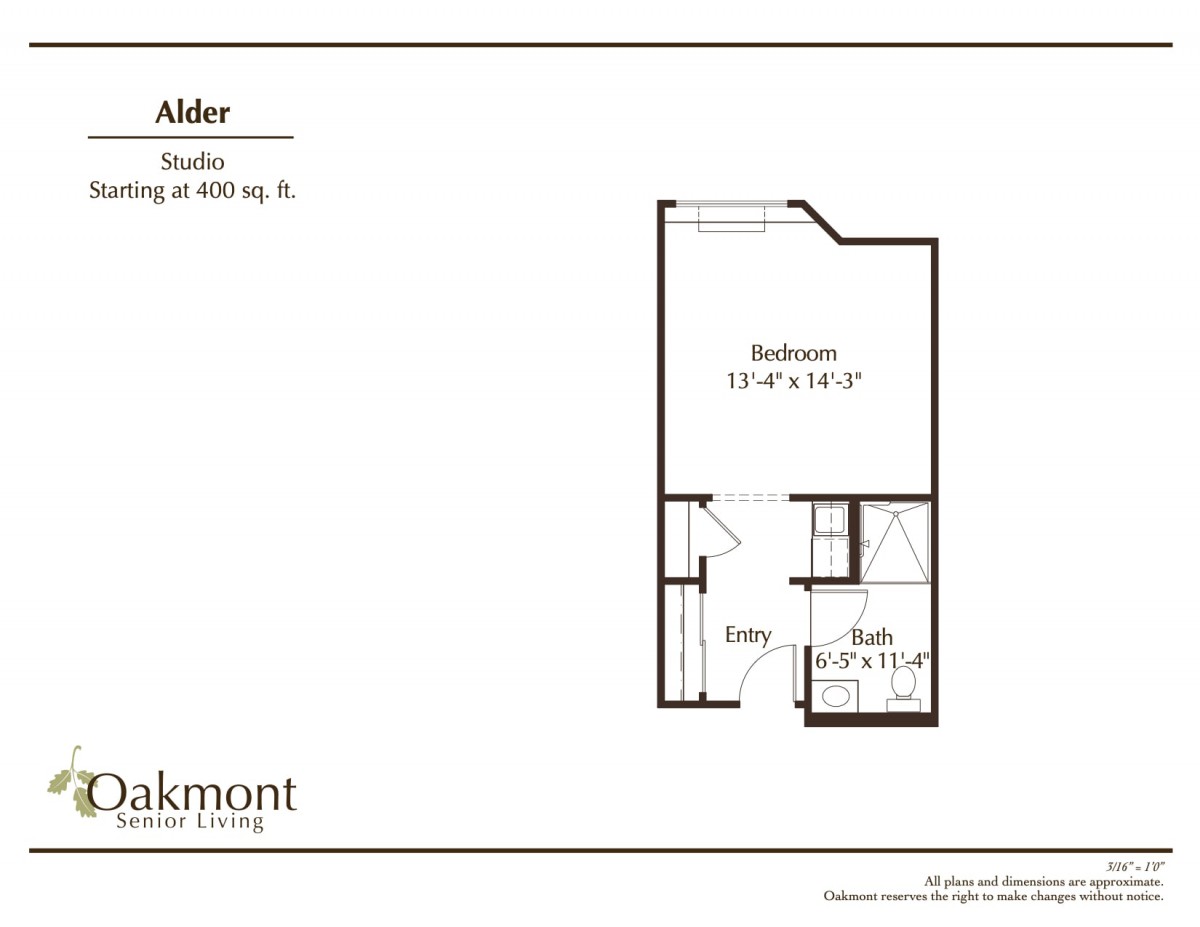 A floor plan for a studio apartment showing the layout of a 400 sq. ft. space.