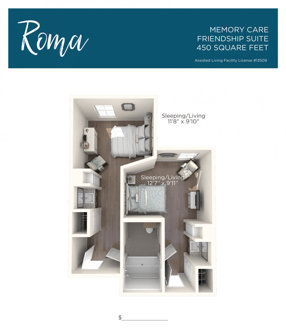 A 3D floor plan of a memory care friendship suite measuring 450 square feet.