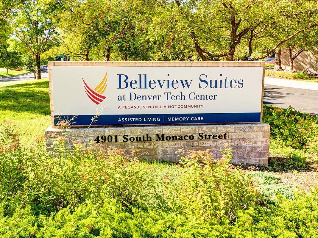 Sign for Belleview Suites at Denver Tech Center located at 4901 South Monaco Street.