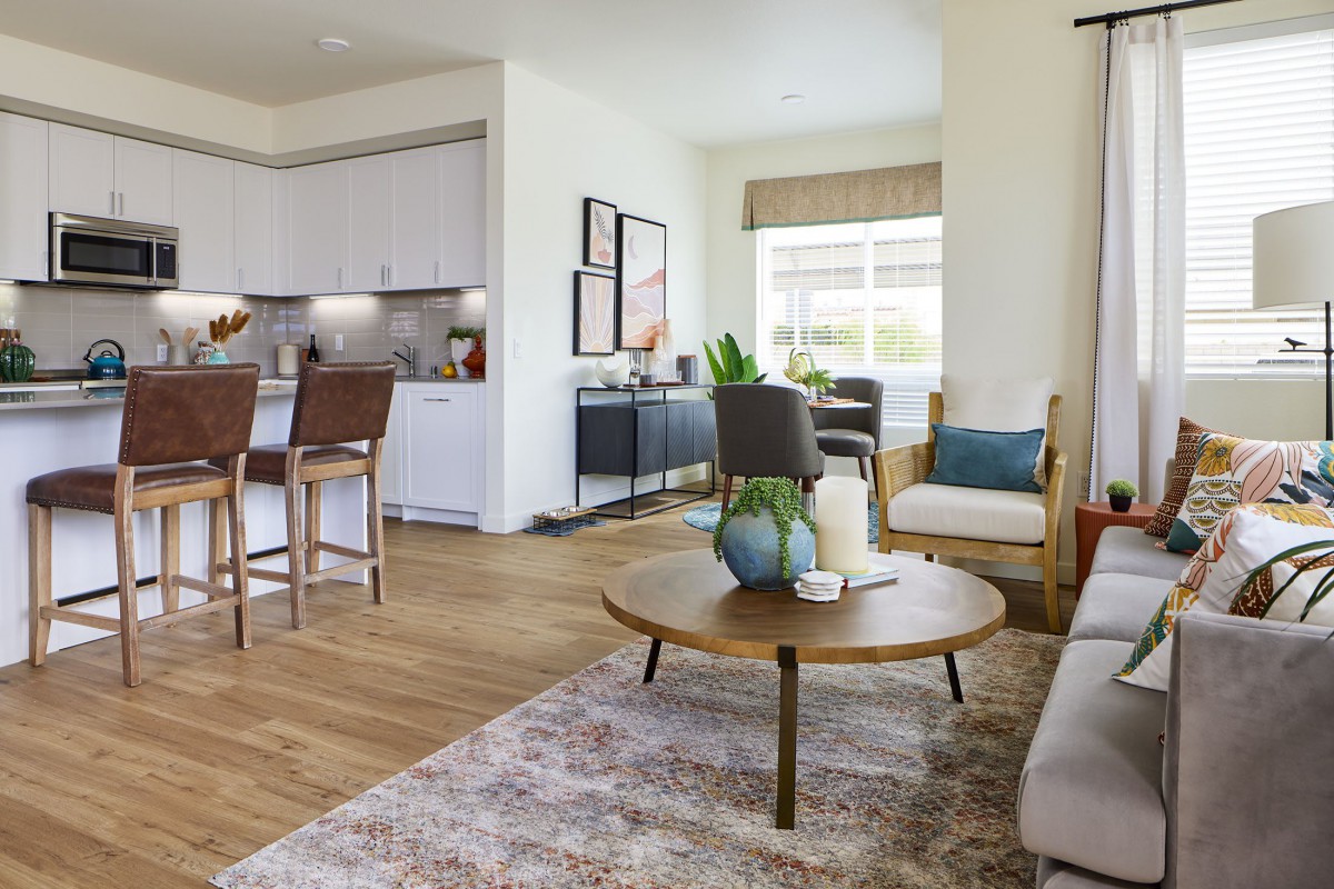 A modern open-concept living room and kitchen area featuring stylish furniture, wood flooring, and ample natural light.