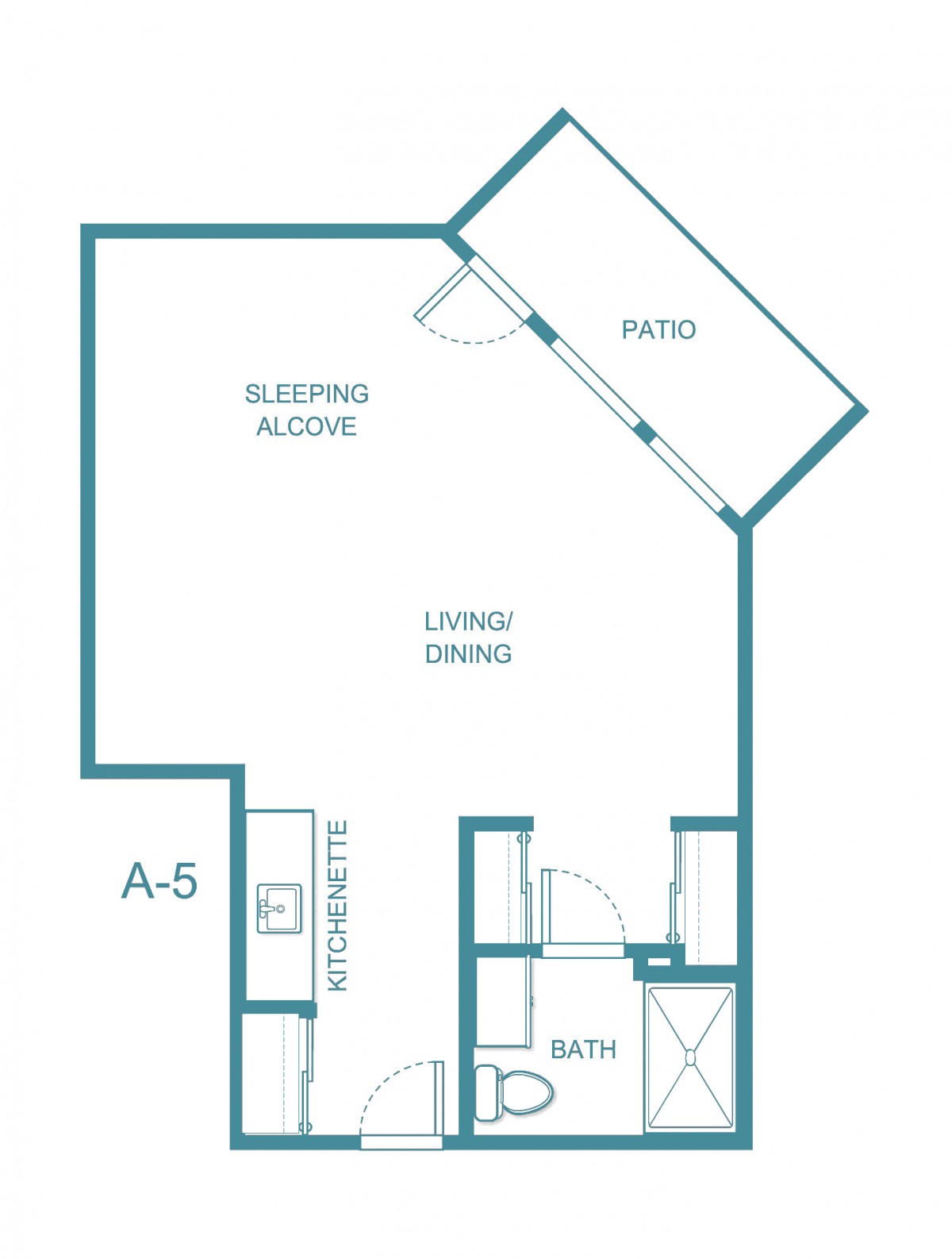Studio apartment floor plan with sleeping alcove and patio.