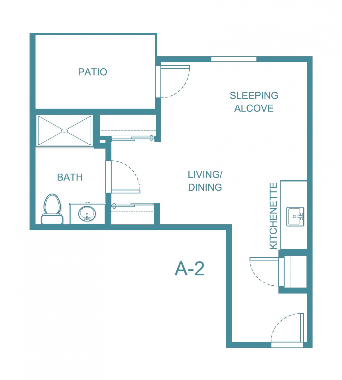 Floor plan for a studio apartment with living area, kitchenette, bathroom, and patio.