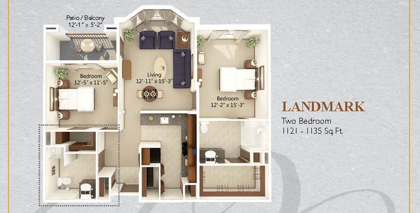 Two-bedroom apartment floor plan with a living room, kitchen, and bathroom.