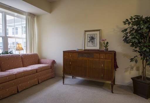 A cozy living room featuring a pink sofa, a wooden cabinet with decorative accents, and natural light filtering through the curtains.