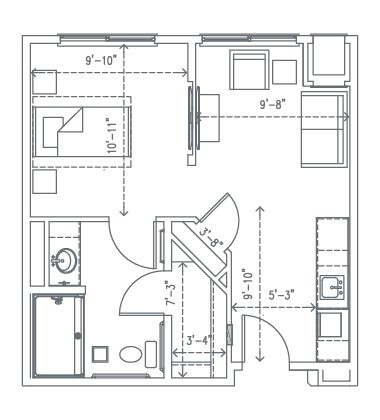 A detailed floor plan of an apartment, showing the layout of rooms and furniture.