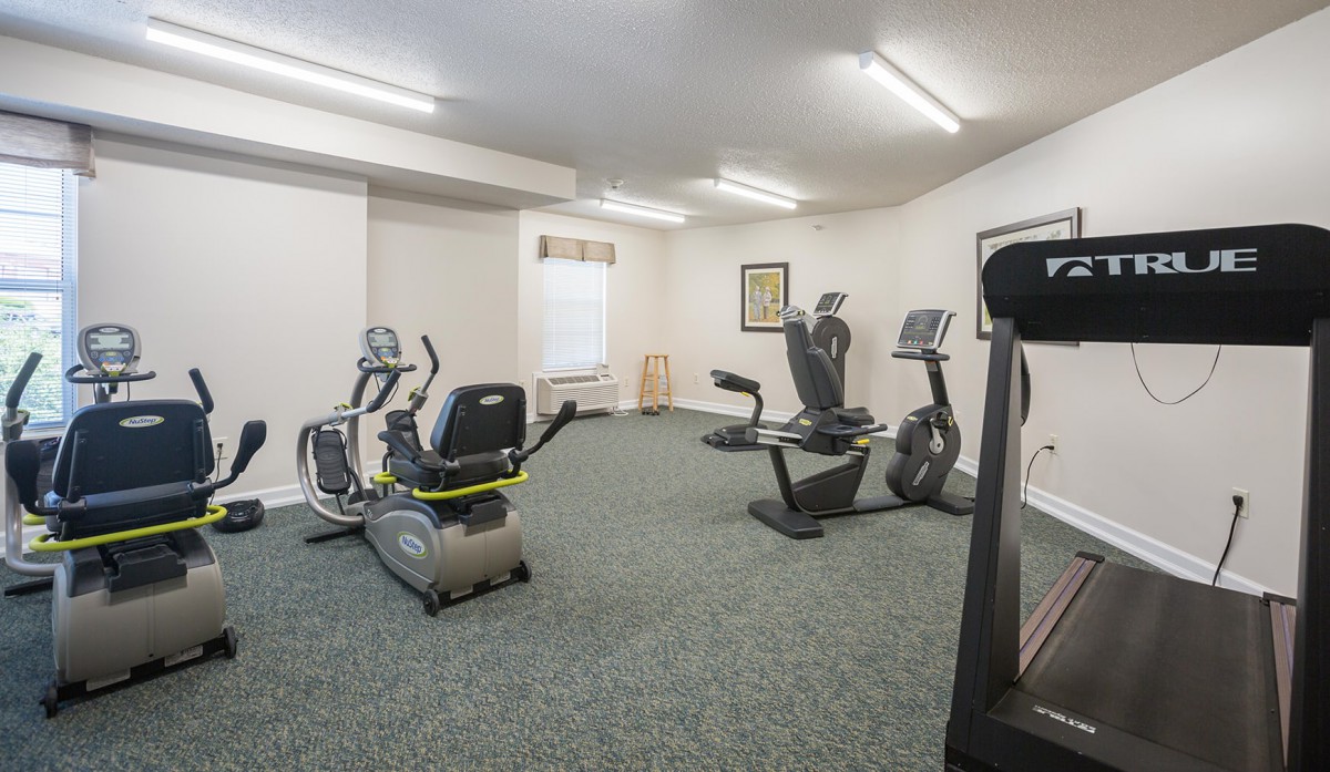 A small gym with various cardio machines including stationary bikes and ellipticals.