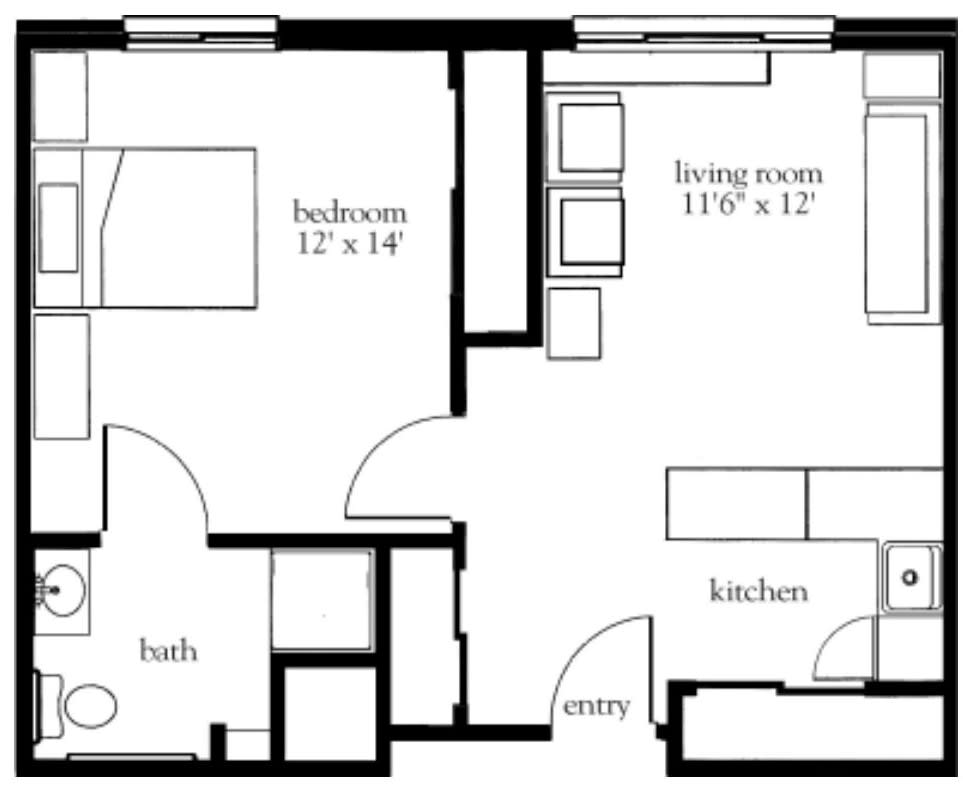 Floor plan of a one-bedroom apartment, featuring a living room, kitchen, and bathroom.