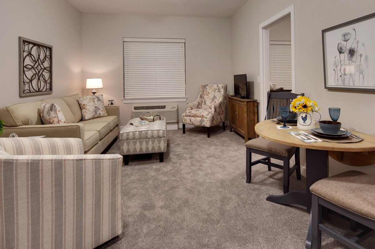 A cozy living room with a sofa, armchair, coffee table, and television.