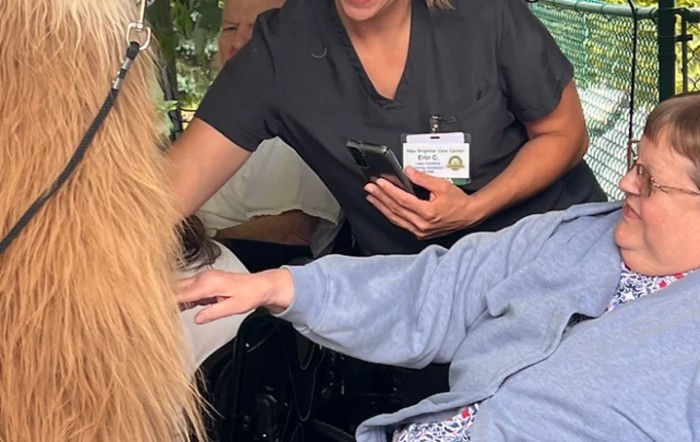 A caregiver interacting with an elderly person in a wheelchair outdoors.