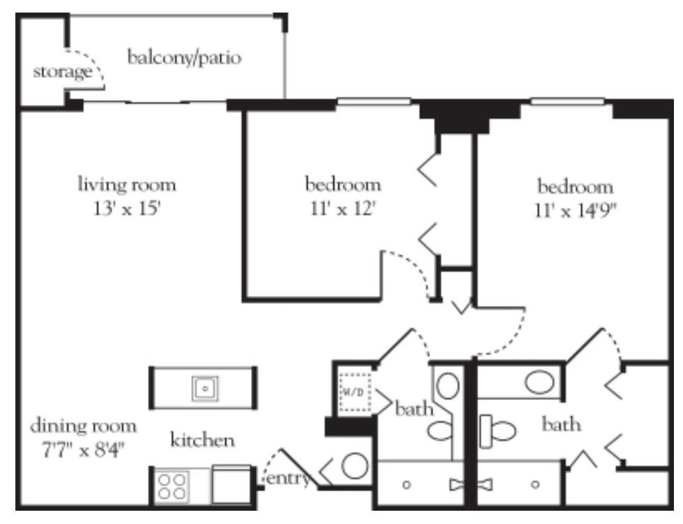 Floor plan of a two-bedroom apartment with a living room, kitchen, two bathrooms, and a balcony.