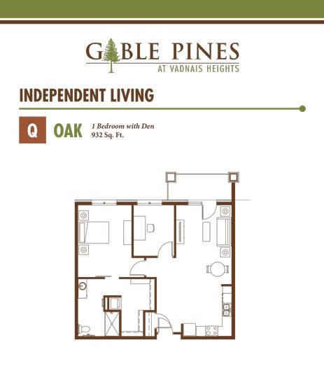 Floor plan for a one-bedroom independent living apartment at Gable Pines.