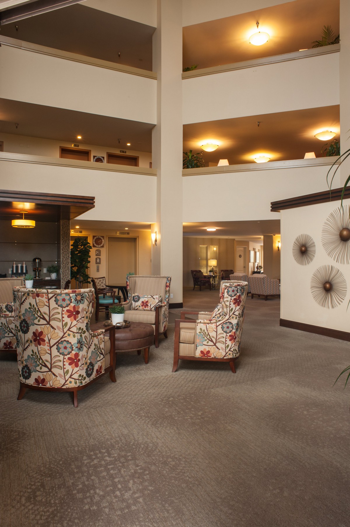 A cozy hotel lobby with plush seating and elegant decor.