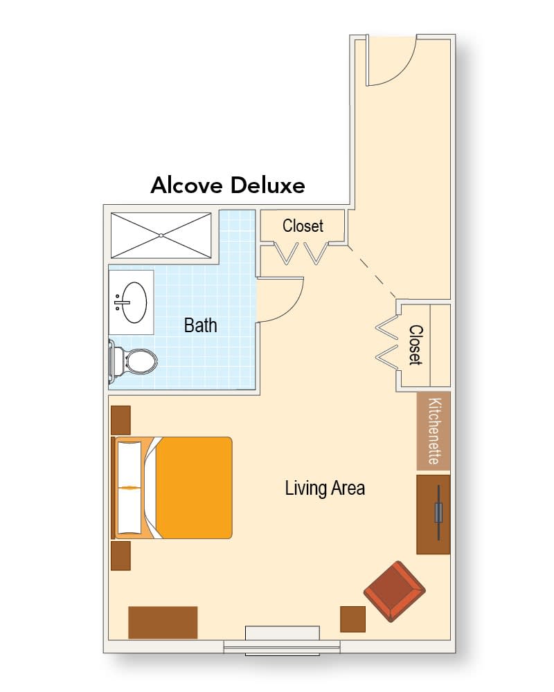A floor plan of an Alcove Deluxe studio apartment featuring a living area, bathroom, and closets.