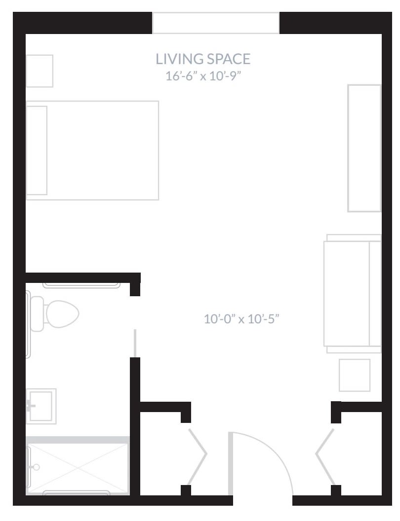 Studio apartment floor plan with a central living space and a small bathroom.