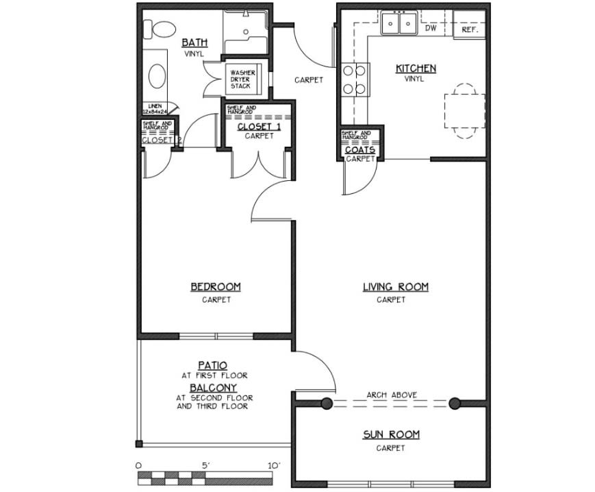 A floor plan of a two-bedroom apartment featuring a kitchen, bathroom, living room, and balcony.