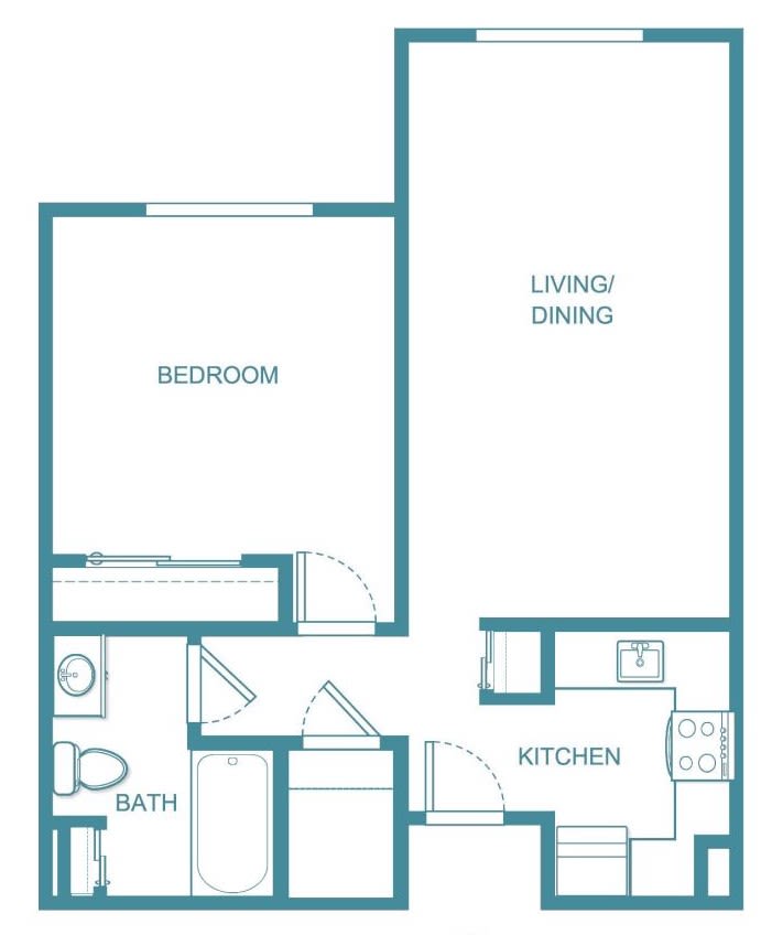 One-bedroom apartment floor plan with kitchen, bathroom, and living/dining area.