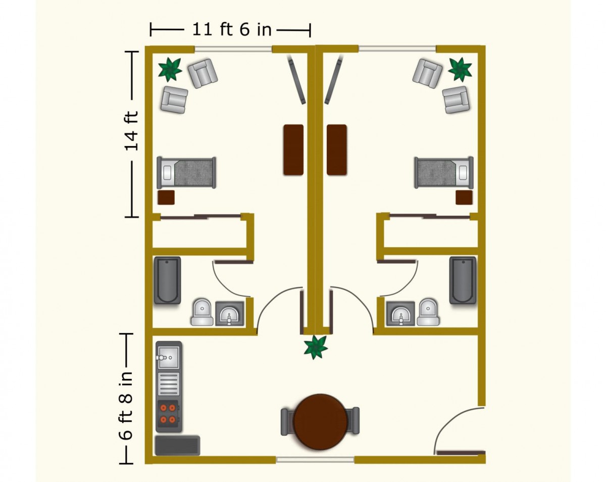 A floor plan of a shared apartment layout featuring two mirrored units with bedrooms, study areas, and shared common spaces.