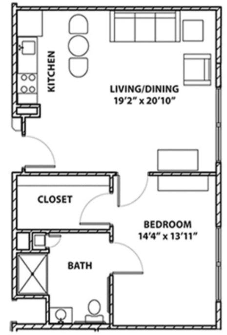 A floor plan of an apartment featuring a kitchen, living/dining area, bedroom, bathroom, and closet.