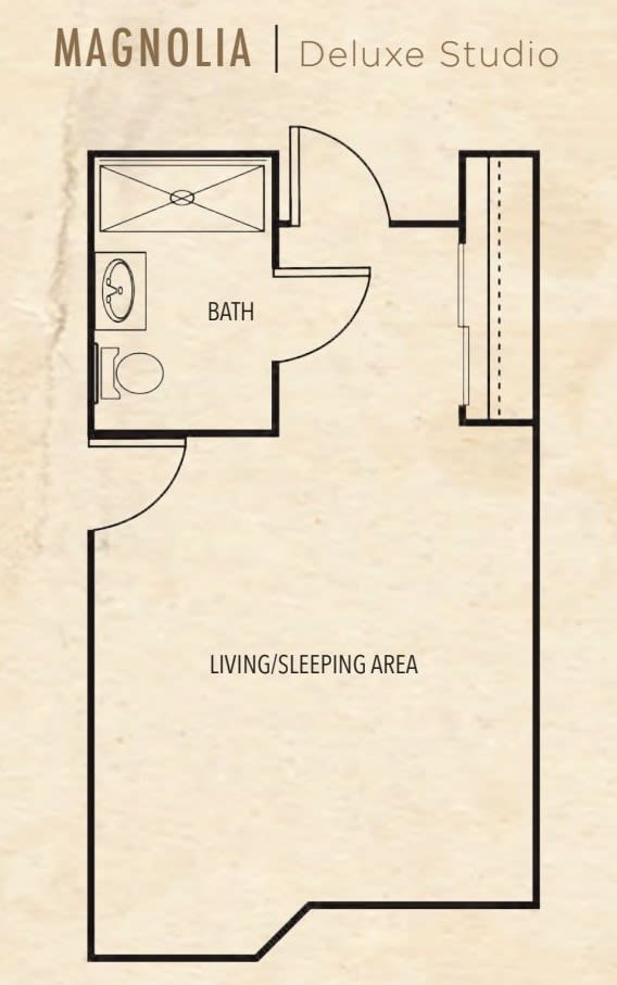 Floor plan of a studio apartment with a bathroom and living/sleeping area.
