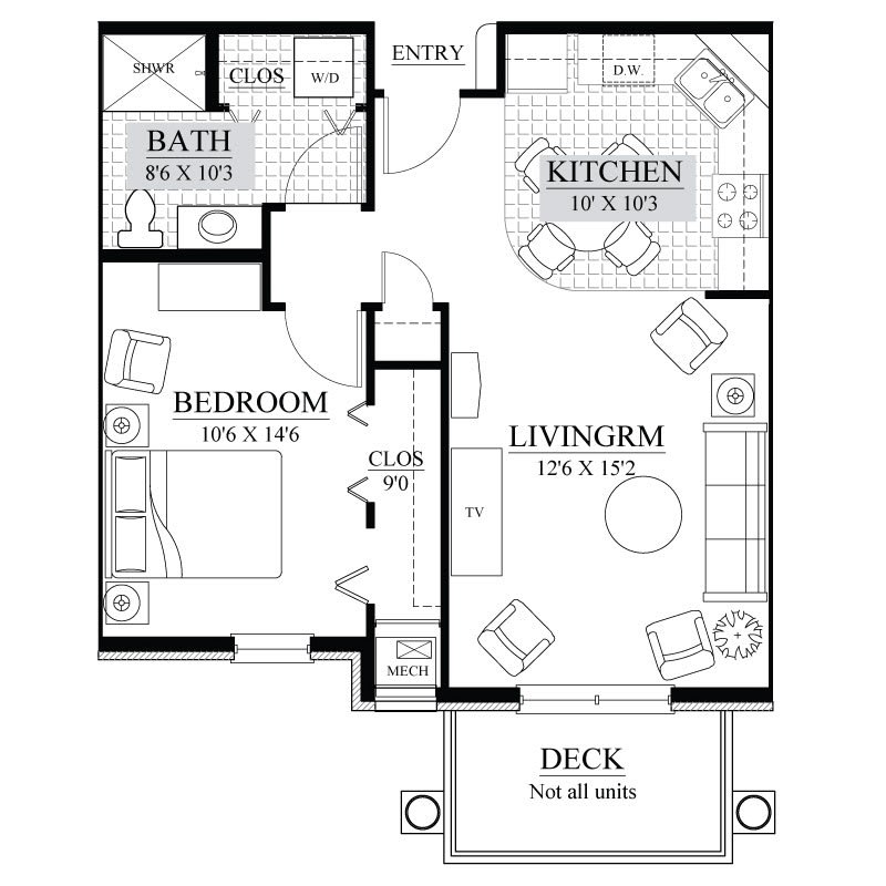 A one-bedroom apartment floor plan with a kitchen, living room, bathroom, and deck.